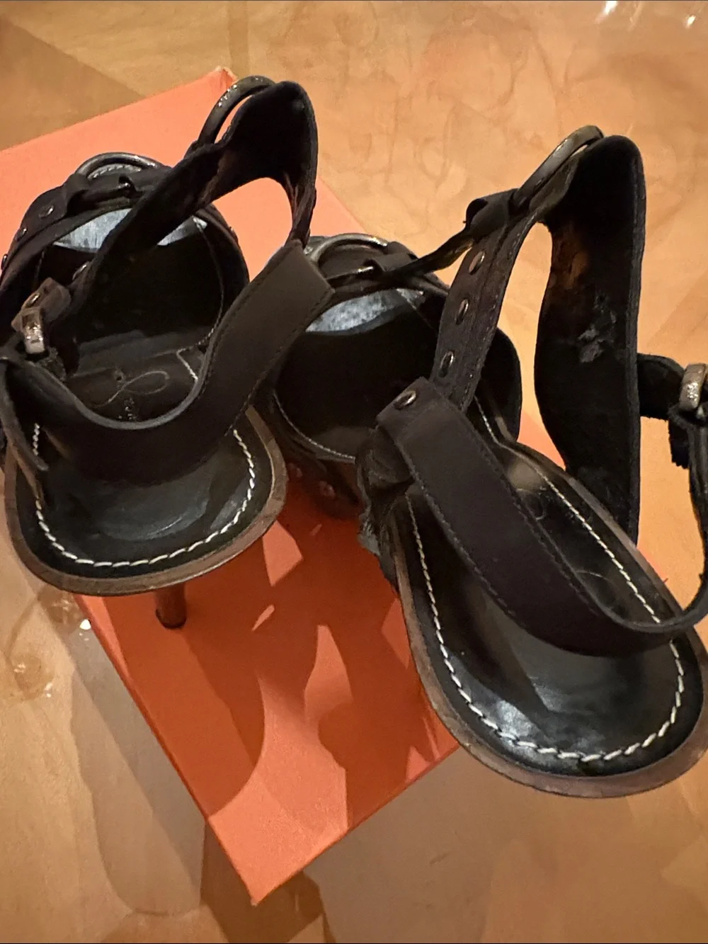 Jessica Simpson Black Studded T-Strap High Heel Sandals